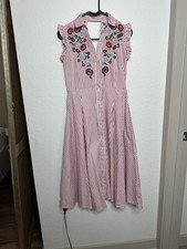 Vintage Zara A Line Dress Pink And White Stripes With Floral Embroidery Size Xs