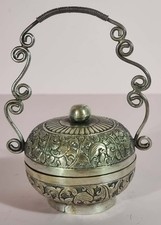 Vintage Asian Silver Plated Betel Nut Box With Handle Repoussé Decoration