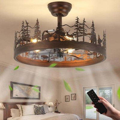 Farmhouse Rustic Ceiling Fan with Light, 21'' Vintage Cage Ceiling Fans with Ligh