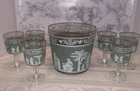 Vintage Wedgewood Jasperware Hellenic Jeanette Green Glass Ice Bucket 6 Cordials