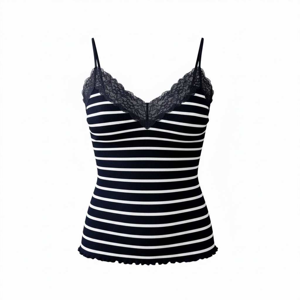Lauren Ralph Lauren Womens Stripe Lace Trim Ribbed Cami Tank Top Size L Navy