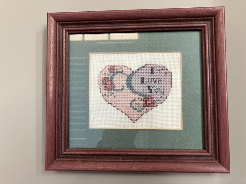 Framed Handmade Cross Stitch - "I Love You" 6.25" wide x 7" tall