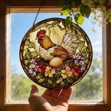 Chicken Stained Glass Suncatcher, Farmhouse Window Hanging Decoration Home