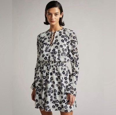Ted Baker London Felici Cream Black Floral Ruched Long Sleeve Mini Dress Sz 6