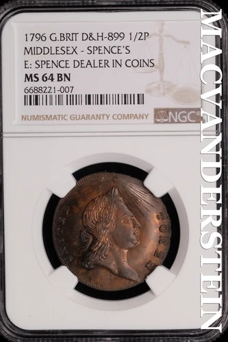 Great Britain: 1796 Middlesex Halfpenny D&H-899 - NGC MS 64 BN - Scarce  #SLG448