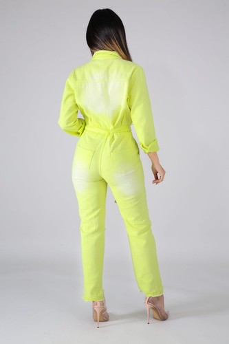 Denim Pink Neon Yellow Distressed Rips Frayed Snap Button Belted Jumpsuit S M L - Picture 9 of 14