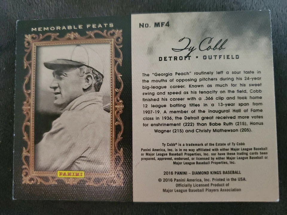 2016 DIAMOND KINGS TY COBB OF TIGERS HOF MEMORABLE FEATS #MF4 - Image 2 of 2