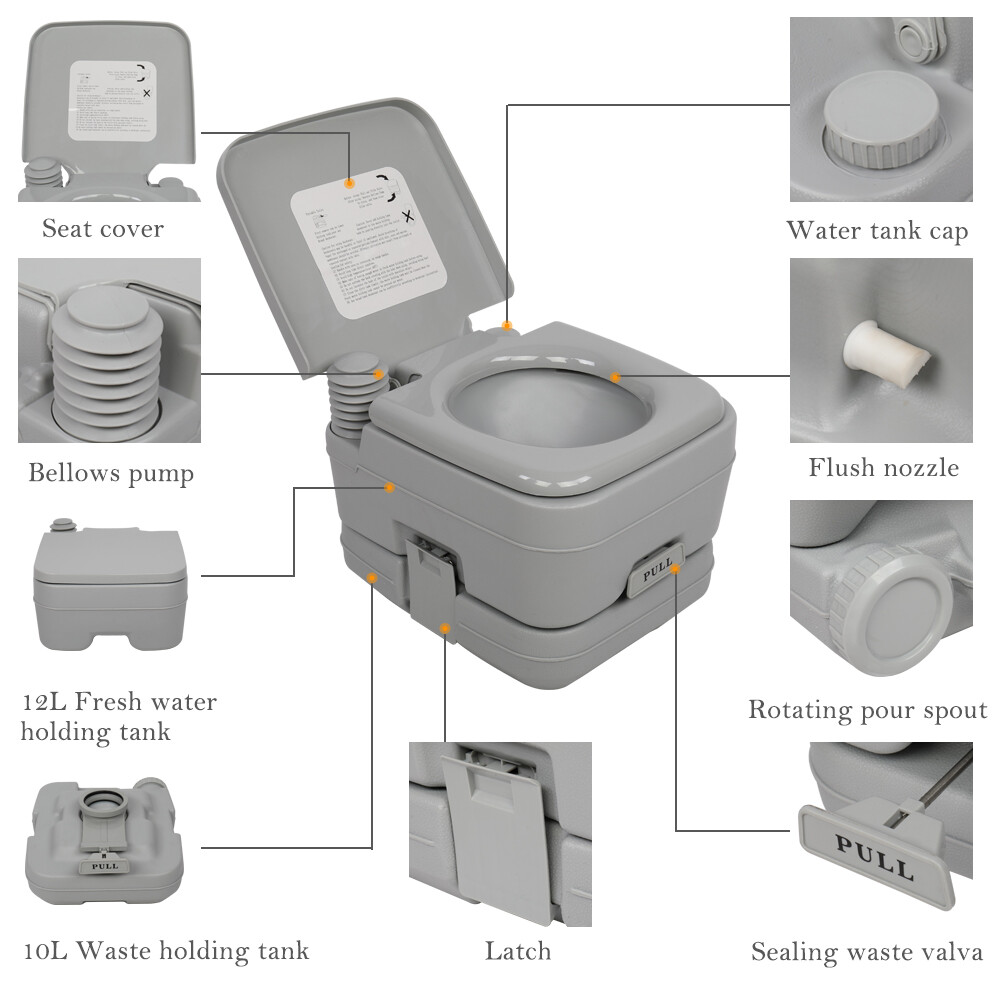 10L Portable Toilet Flush Travel Hiking Potty Camping Equipment Gray