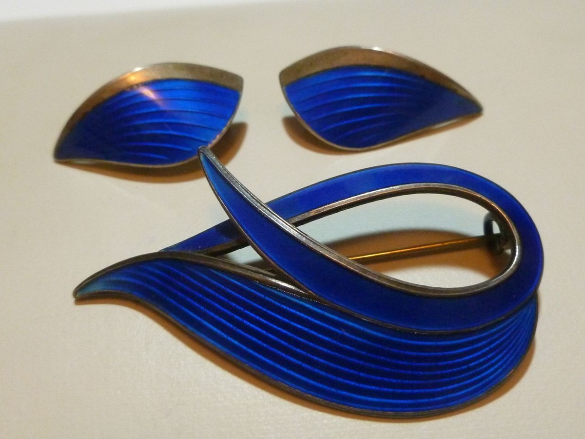 ALCH. ALCK. NORWAY STERLING SILVER 925s BLUE ENAMEL BROOCH & EARRINGS LOT  SET