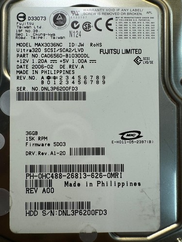 FUJIKURA CA06560-B10300DL MAX3036NC 36GB 15K RPM FW 5D03 DRV A1-20 Ultra320 3.5" - Picture 2 of 6
