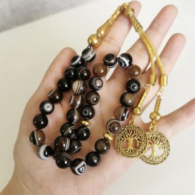 Natural Striped Agate Aqeeq Gemstone Tasbih Rosary Prayer Beads مسبحة عقيق طبيعي