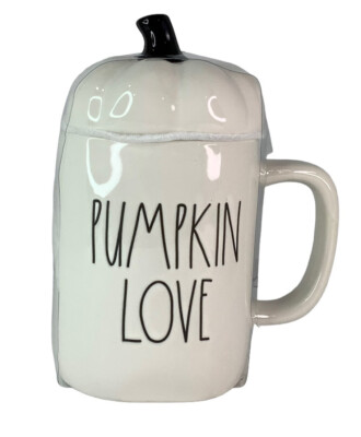 Rae Dunn PUMPKIN LOVE White Pumpkin Stem Topper Halloween Mug NEW
