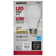 Satco S29835 - 9.8 Watt A19 LED Bulb - 2700K - Medium base (6 Pack)