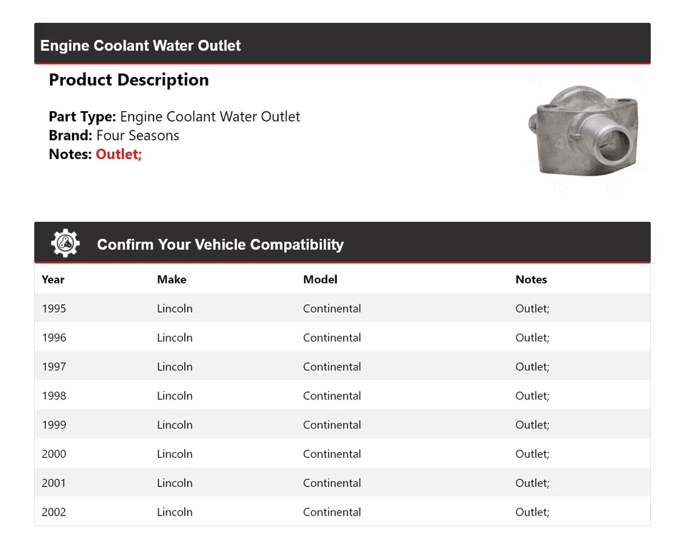 For 1995-2002 Lincoln Continental Engine Coolant Water Outlet 4 Seasons 1996 - Image 2 of 4