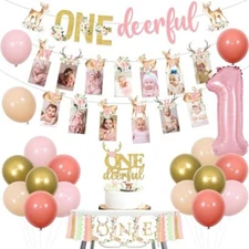JOYMEMO Deer 1st Birthday Decorations for Girl Pink Boho One Deerfull Banner ...