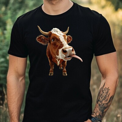 Mens Crazy Cow Motif Cotton T-Shirt Size XS to 5XL