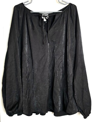 Ava & Viv Shirt Womens Sz 2X 20-22 Black Balloon Sleeve Tie V-Neck Flow