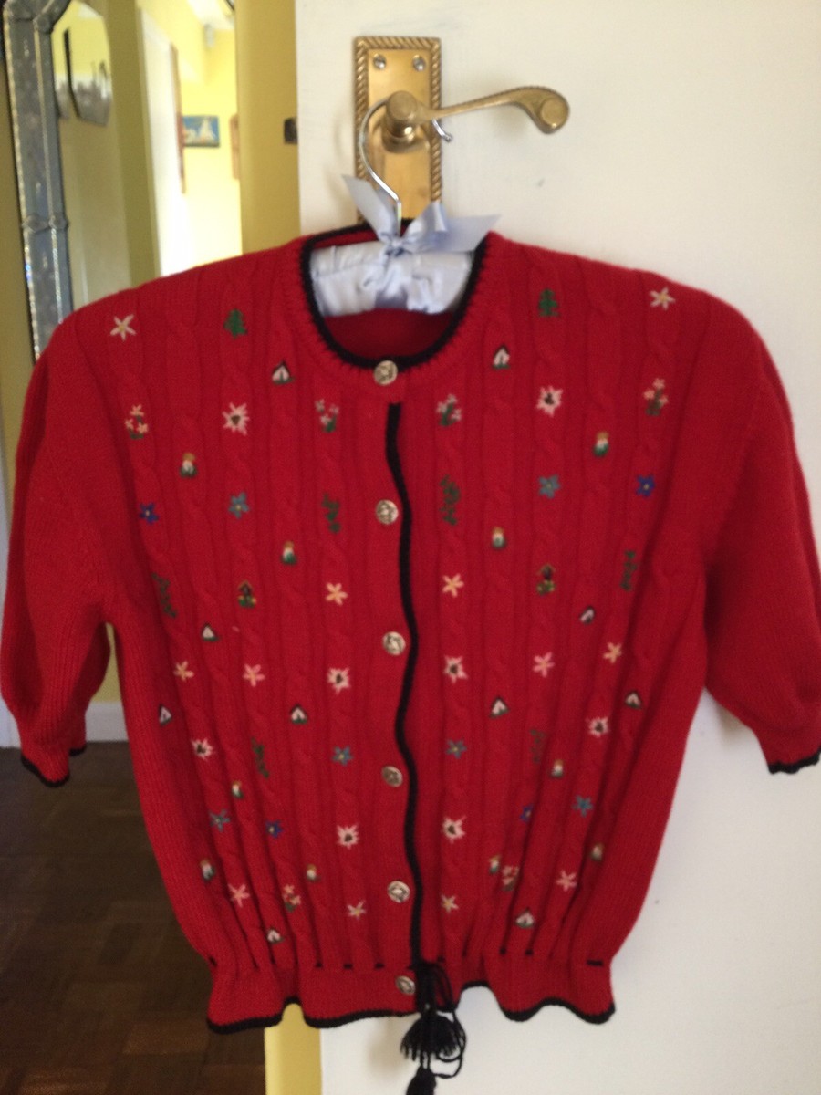 1940s Bavarian Tyrolean hand knitted Wool Lipstick red puff sleeve cardigan