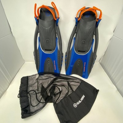 U.S. Divers Women Fins 10-14 L/XL Blue Orange Adjustable Open Heel Mesh Backpack