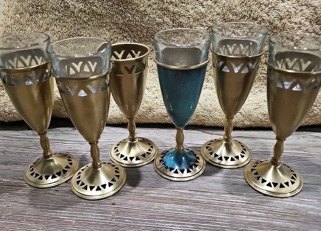 6 Reticulated Kiddush Wine Cups Brass w Glass Insert 6" tall Jewish Shabbat 