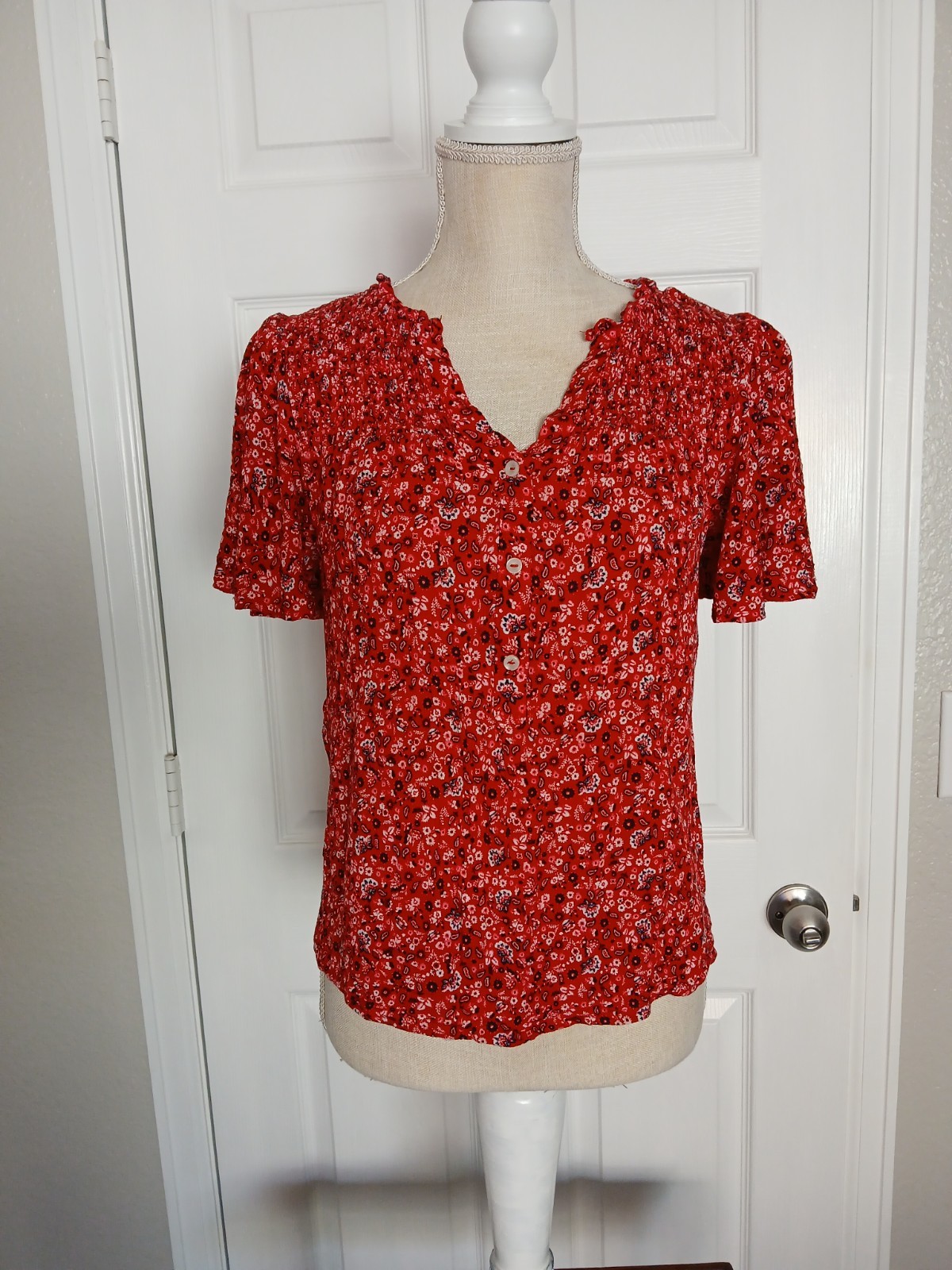 Red Floral Paisley Flutter Sleeve Top S Fairy Prairie Cottage Boho Peasant