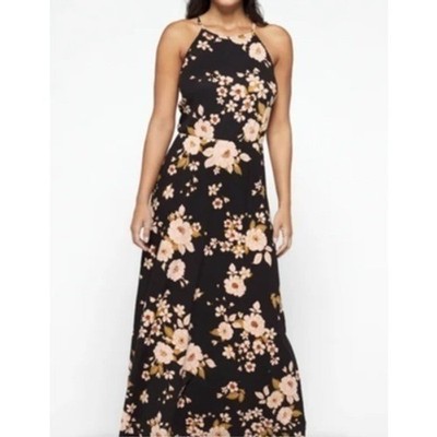 French Grey Floral Halter Maxi Dress Black Boho Tie Neck Elastic Waist Large