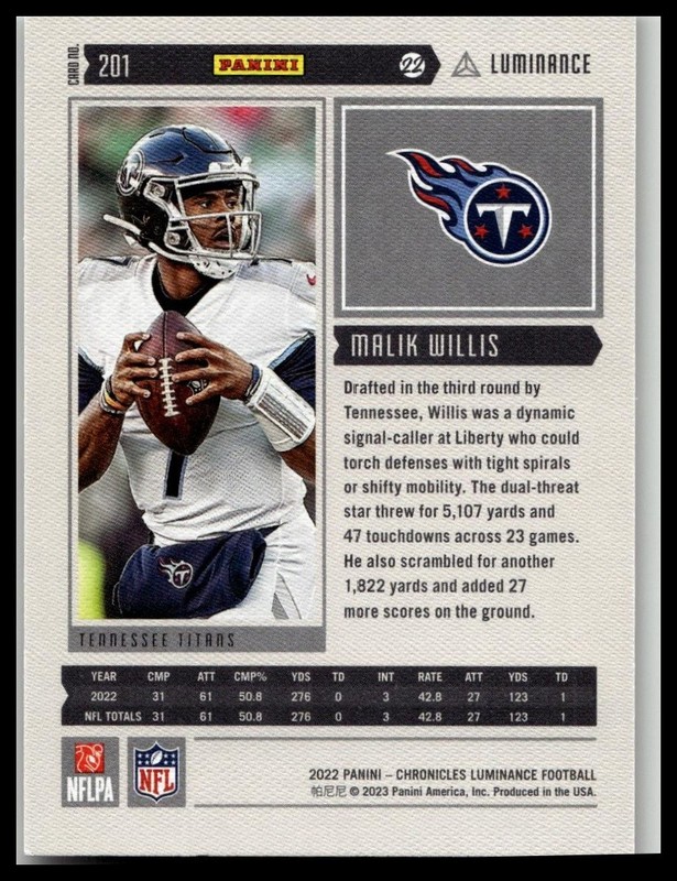 2022 Panini Chronicles #201 Malik Willis Luminance Update Rookies