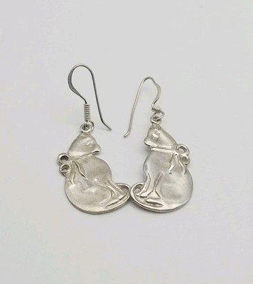 Sterling Silver Vintage Kitty Cat Dangle Earrings Unidentified Makers Mark 1''