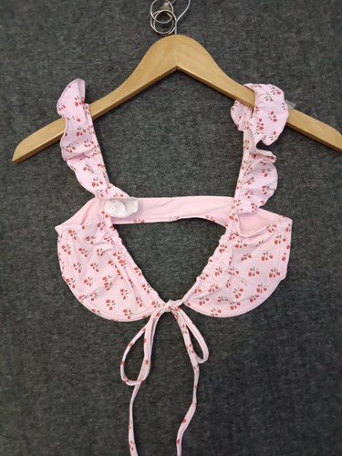 Frankies Bikinis S Pink Strawberry Underwired Tie Ruffle Straps Bikini Top Swim