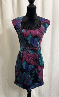 French Connection Sheath Midi Dress Purple Magenta Green Womens 2 Pencil Fit