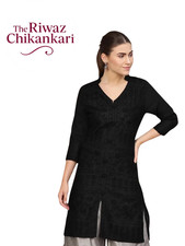 Black Chikankari Kurti: Hand Embroidered  Wool Thread Handmade Kurti For Women