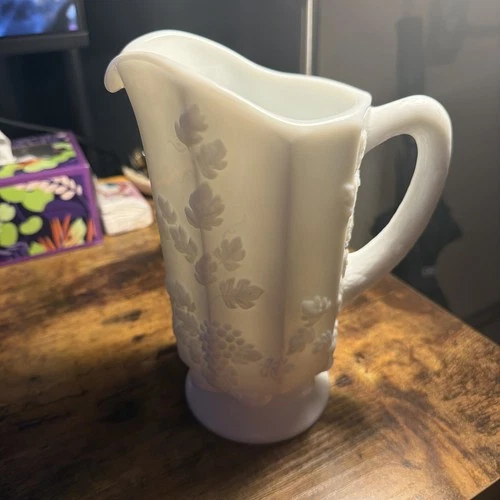 Vintage White Milk Glass Pitcher With Grapes Design