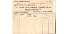 Central Stove Foundry Invoice - Philadelphia PA - 12th St & Girard Ave - 1938