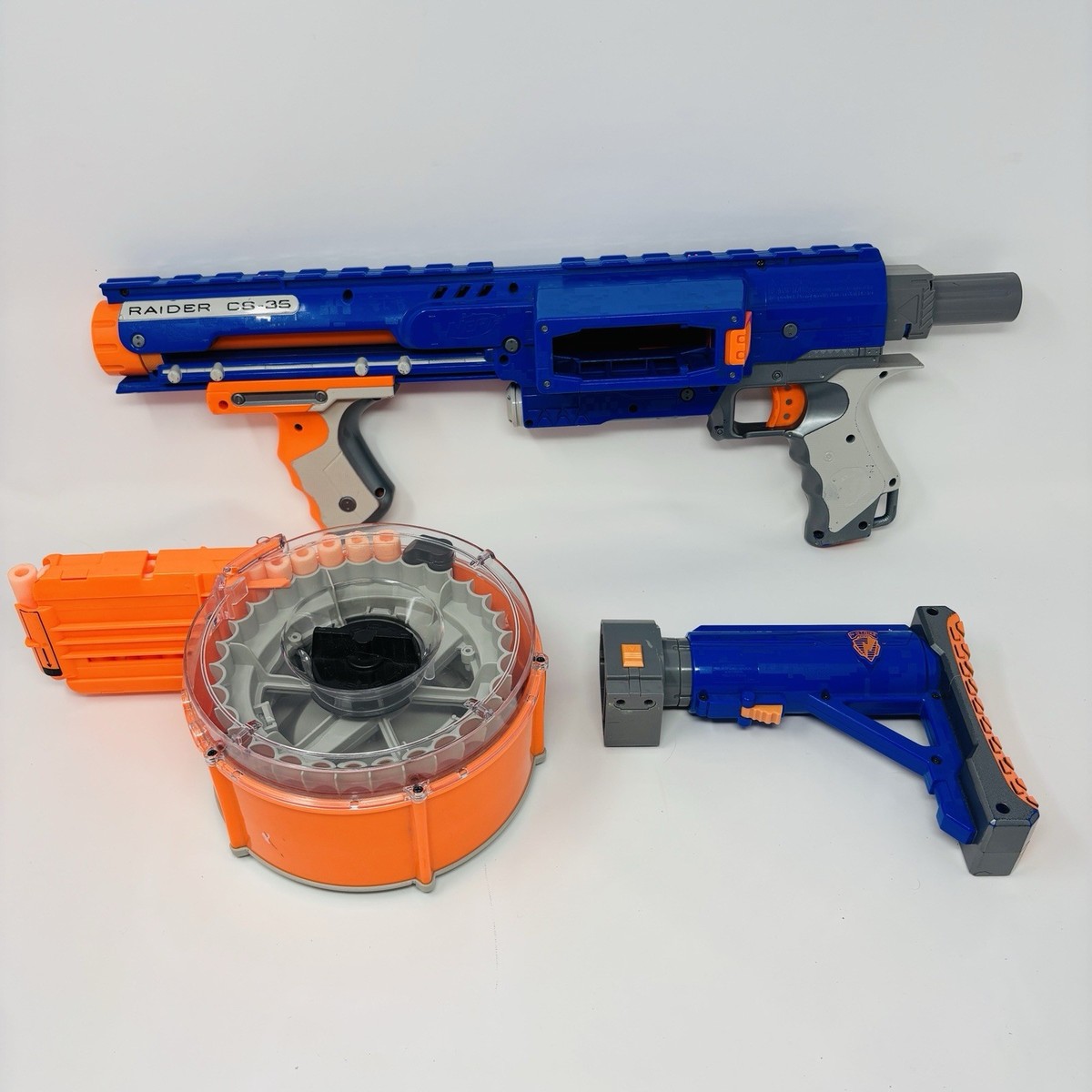 Nerf N-Strike Raider CS-35 Blue with 35 Drum Magazine Stock & Few