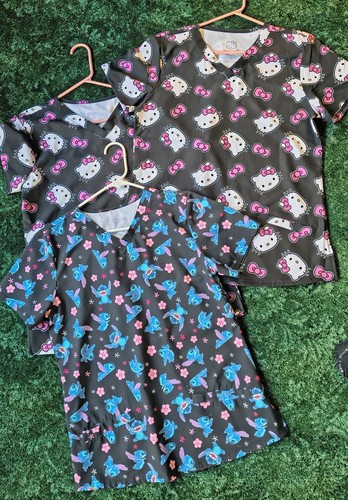 Three Ladies S Scrub Tops: 1 New Hello Kitty, 1 Worn Once Hello Kitty, 1 Worn x3