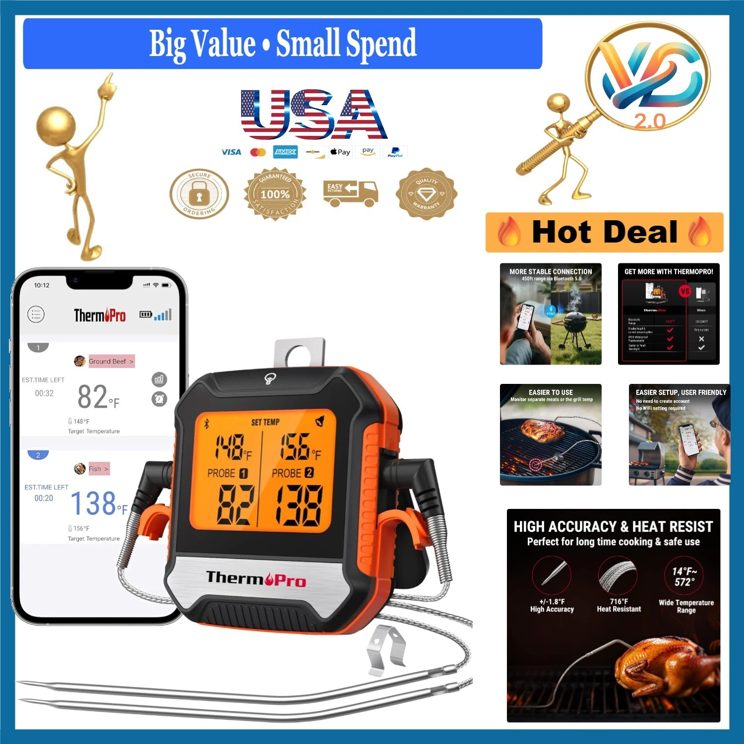 450 ft Bluetooth Meat Thermometer with 2 Probes, Wireless Digital BBQ Oven Sm...
Opens in a new wind