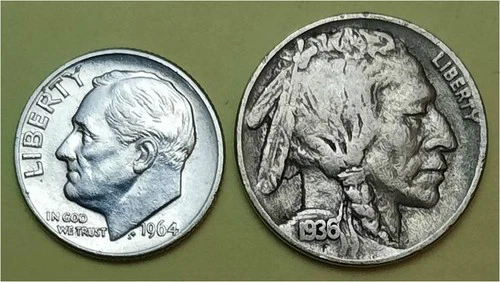 Lot of 2 Coins- 1 90% Silver Roosevelt 10c (1964D) & 1 Better Buffalo 5c (1936P)