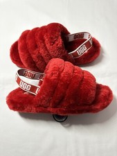 UGG Fluff Yeah Punk Slide Red Fur Ribbon Slippers Women's Size 5 TRUSTED SELLER 