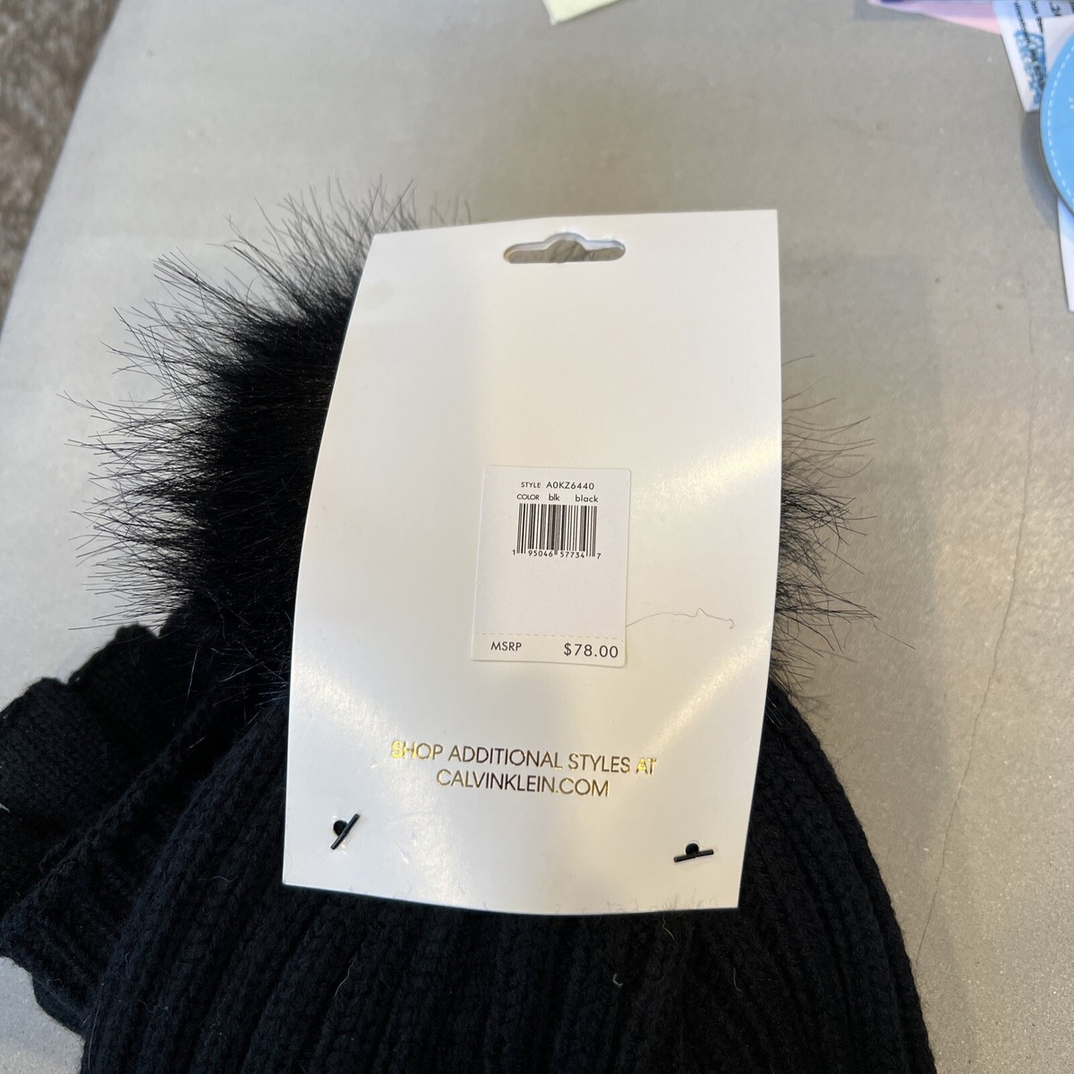 Calvin Klein Faux Fur Pom Hat and Flip Top Gloves Set Black One