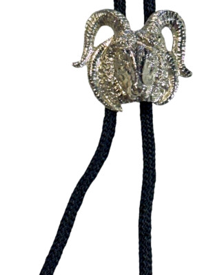 Silver Colored Ram Bolo Tie - Silver Tips - Black Nylon 36'' Cord - Western