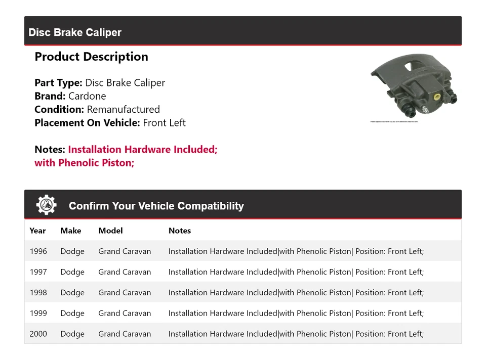 Pinza de freno de disco delantera izquierda Cardone 1997 para Dodge Grand Caravan 1996-2000 Foto 2 de 4