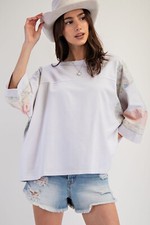 Easel Women's Boho Floral Mixed Print Mineral Washed Lavender Relaxed Top