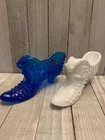 Lot of 2 Fenton shoes slippers glass cobalt blue and white 6 x 3" Hobnail Fenton