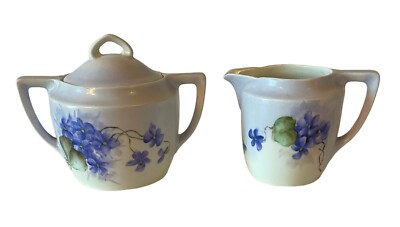 Vintage Weimar Creamer & Sugar Dish with Lid Purple & Green Flowers Germany 