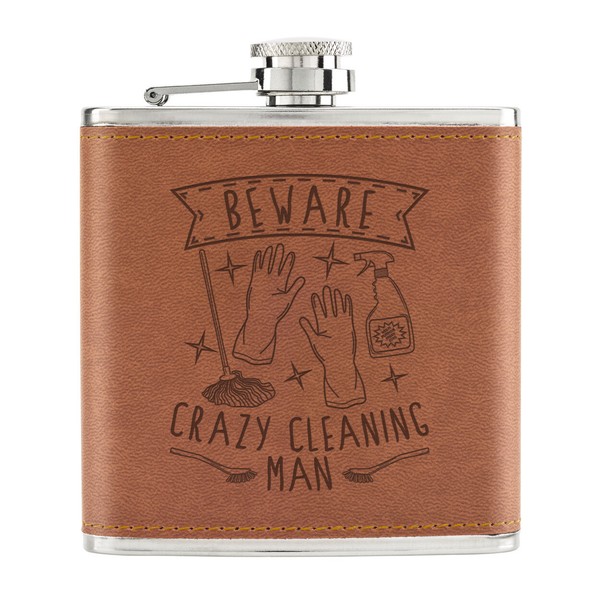 Beware Crazy Reinigung Mann 170Ml Pu-Leder Flachmann Hellbraun Vatertag Lustig-image