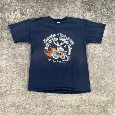 VTG Bull O The Woods Saloon Shirt Mens Large Blue Skull Biker Flames New Mexico