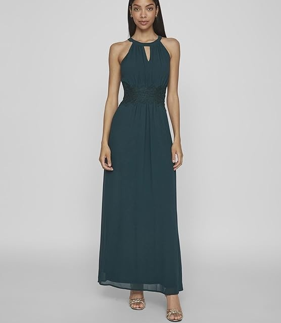 VILA Halterneck Maxi Dress UK 8 (EU 38) Lace Details Dark Green