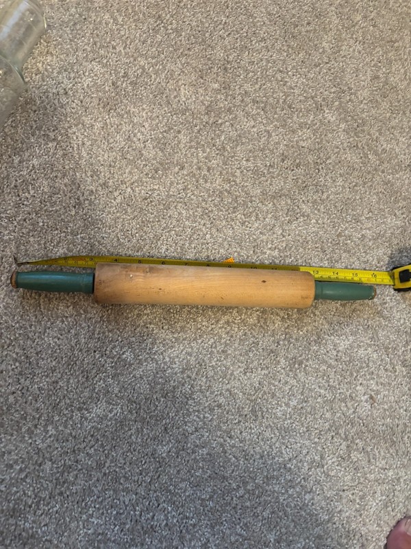 Vintage Wooden Rolling Pin Green handles aprox 15 1/2" 5 1/4" round 1  1/12 wide