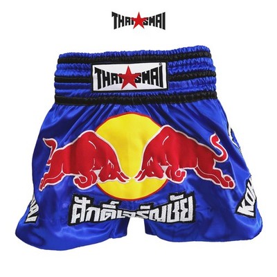THAISMAI Thai Boxing Shorts Blue Satin Red Bull BS1195 , Red Bull Boxing Shorts