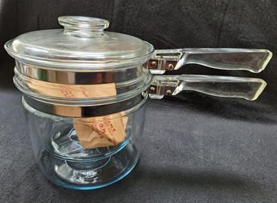 Vtge  3 Piece Pyrex Glass Flameware Double Boiler #6283 1 1/2 Qt New w/papers